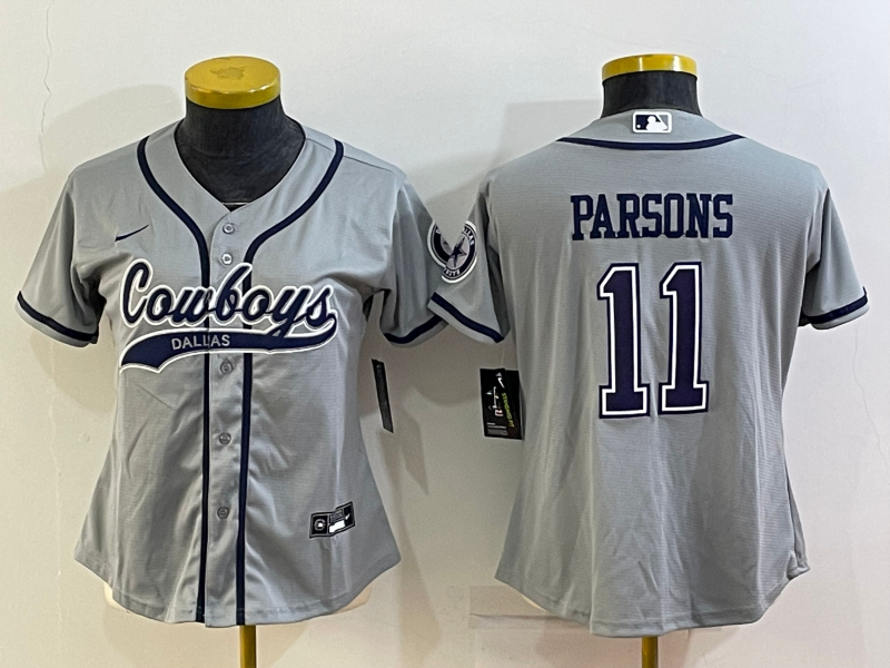 Custom Women’s Dallas Cowboys #11 Micah Parsons Grey With Patch Cool Base Stitched Baseball Jersey(Run Small)
