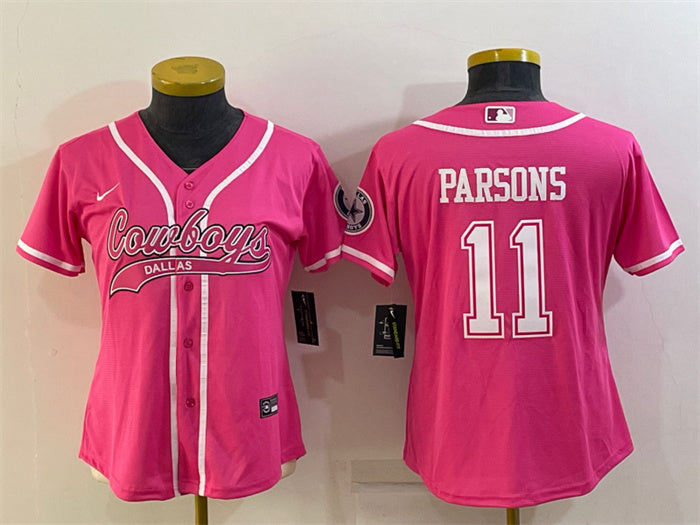 Custom Women’s Dallas Cowboys #11 Micah Parsons Pink With Patch Cool Base Stitched Baseball Jersey(Run Small)