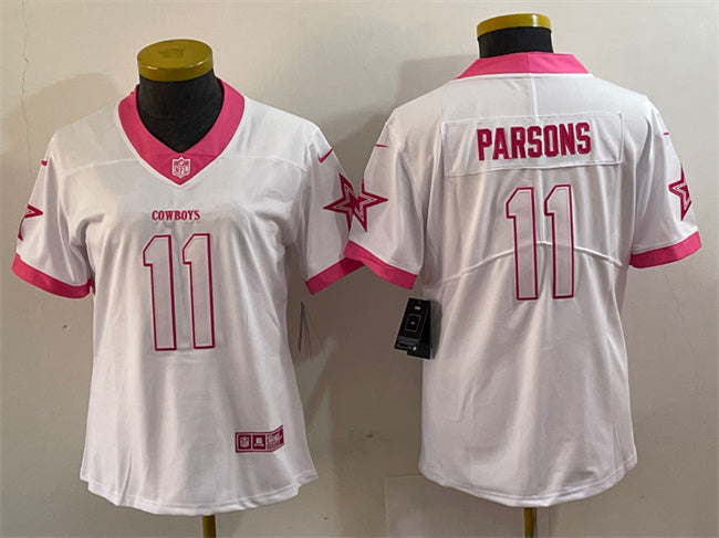 Custom Women’s Dallas Cowboys #11 Micah Parsons White Pink Vapor Untouchable Limited Stitched Jersey(Run Small)