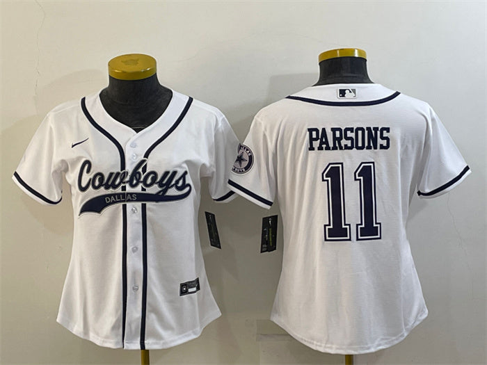 Custom Women’s Dallas Cowboys #11 Micah Parsons White With Patch Cool Base Stitched Baseball Jersey(Run Small)