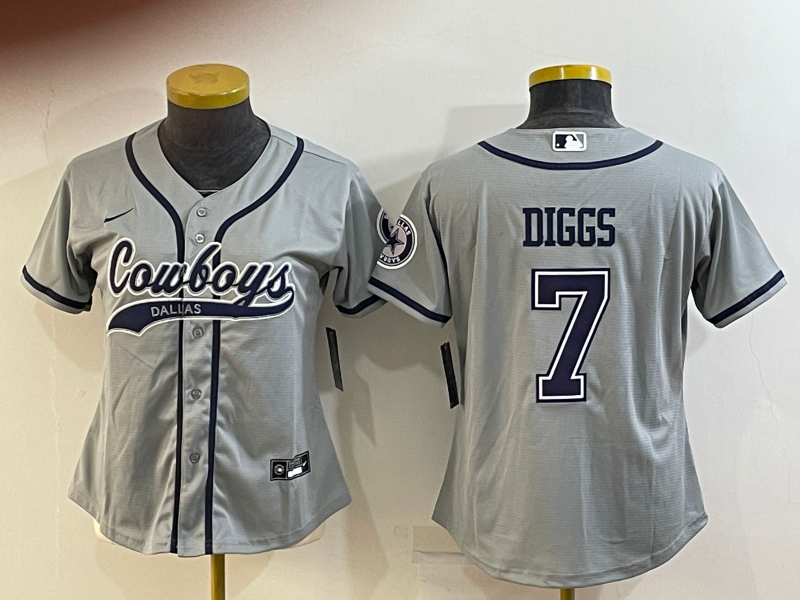 Custom Women’s Dallas Cowboys #7 Trevon Diggs Grey With Patch Cool Base Stitched Baseball Jersey(Run Small)