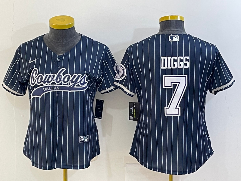 Custom Women’s Dallas Cowboys #7 Trevon Diggs Navy With Patch Cool Base Stitched Baseball Jersey(Run Small)