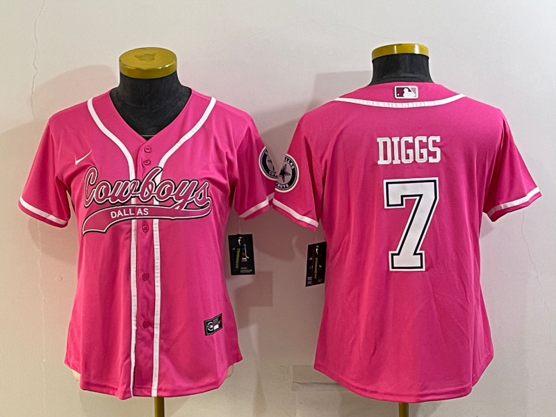 Custom Women’s Dallas Cowboys #7 Trevon Diggs Pink With Patch Cool Base Stitched Baseball Jersey(Run Small)