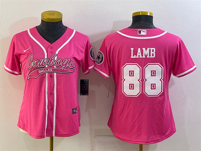 Custom Women’s Dallas Cowboys #88 CeeDee Lamb Pink With Patch Cool Base Stitched Baseball Jersey(Run Small)