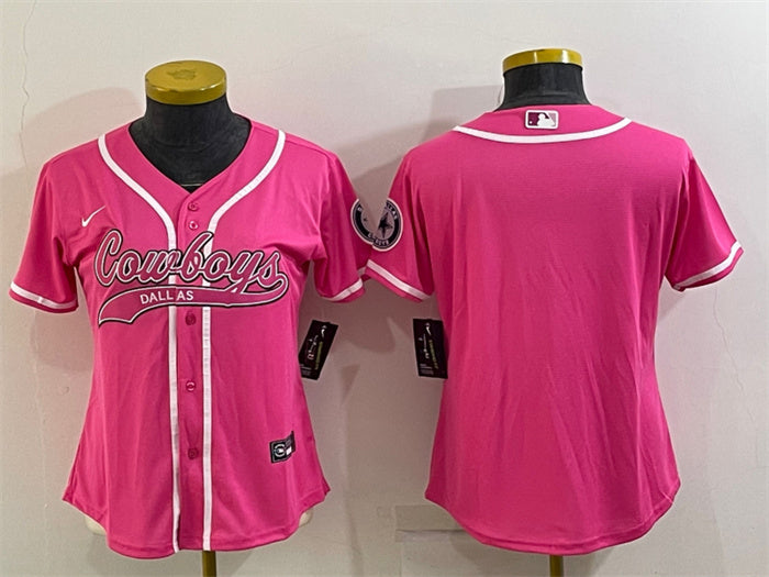 Custom Women’s Dallas Cowboys Blank Pink With Patch Cool Base Stitched Baseball Jersey(Run Small)