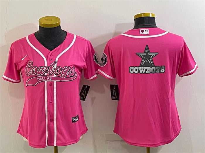 Custom Women’s Dallas Cowboys Pink Team Big Logo With Patch Cool Base Stitched Baseball Jersey(Run Small)