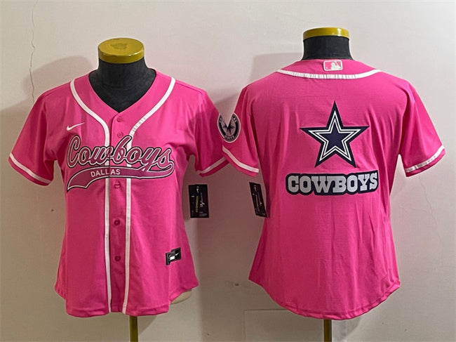 Custom Women’s Dallas Cowboys Pink Team Big Logo With Patch Cool Base Stitched Baseball Jersey(Run Small)