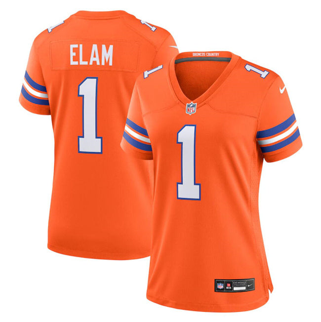 Custom Women’s Denver Broncos #1 Jason Elam Orange Mile High Collection 1977 Throwback Stitched Jersey(Run Small)