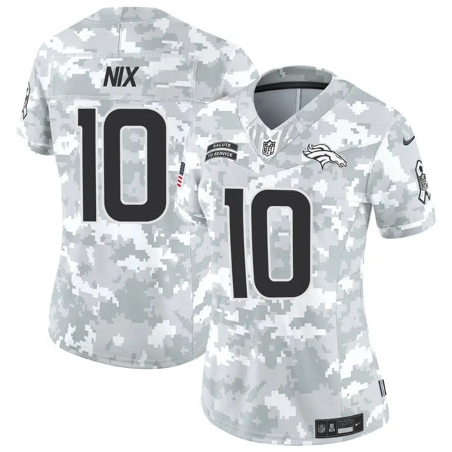 Custom Women’s Denver Broncos #10 Bo Nix 2024 F.U.S.E Arctic Camo Salute To Service Limited Stitched Jersey(Run Small)