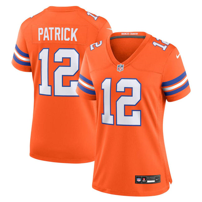 Custom Women’s Denver Broncos #12 Tim Patrick Orange Mile High Collection 1977 Throwback Stitched Jersey(Run Small)