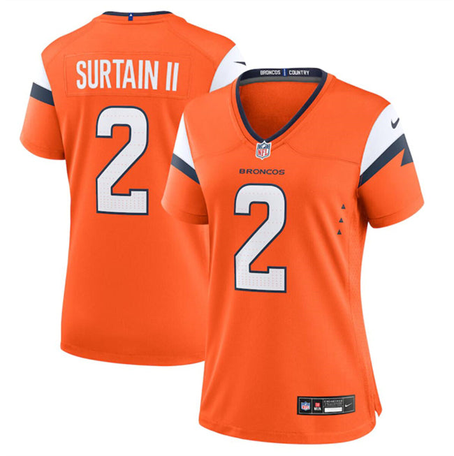 Custom Women’s Denver Broncos #2 Pat Surtain II Orange 2024 Stitched Jersey(Run Small)