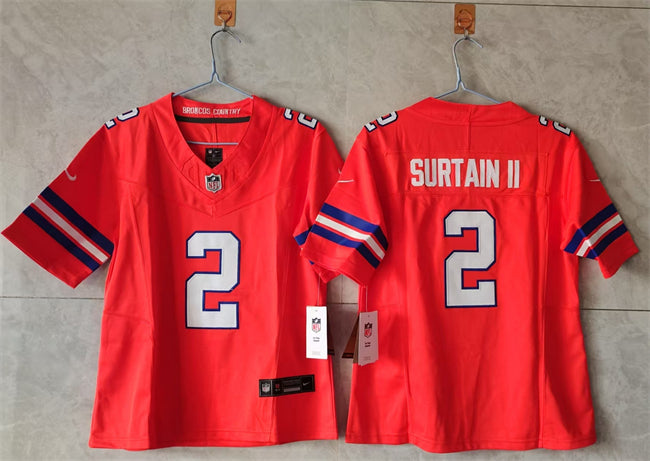 Custom Women’s Denver Broncos #2 Pat Surtain II Orange 2024 Throwback F.U.S.E Throwback Stitched Jersey(Run Small)