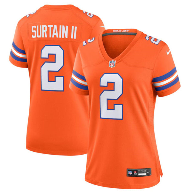 Custom Women’s Denver Broncos #2 Patrick Surtain II Orange Mile High Collection 1977 Throwback Stitched Jersey(Run Small)