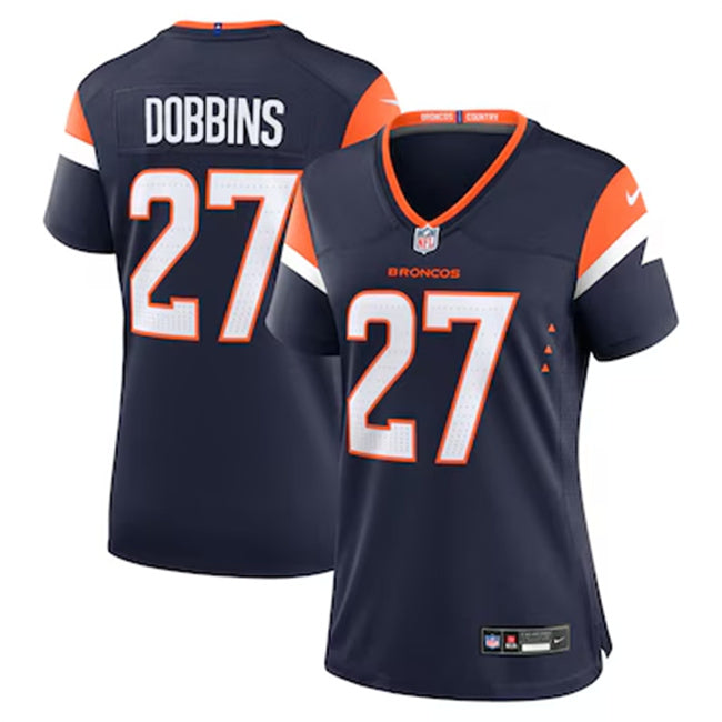 Custom Women’s Denver Broncos #27 J.K. Dobbins Navy 2025 Alternate Stitched Game Jersey(Run Small)