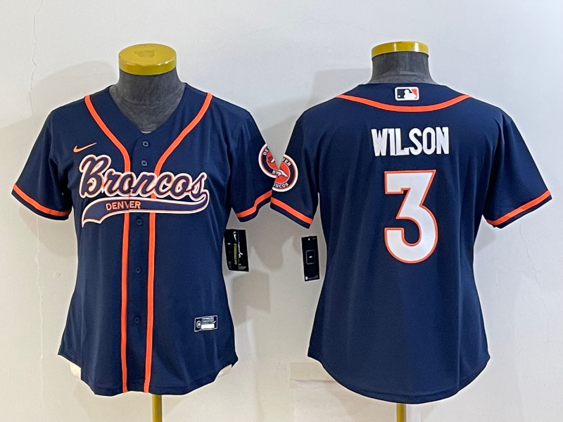Custom Women’s Denver Broncos #3 Russell Wilson Navy With Patch Cool Base Stitched Baseball Jersey(Run Small)