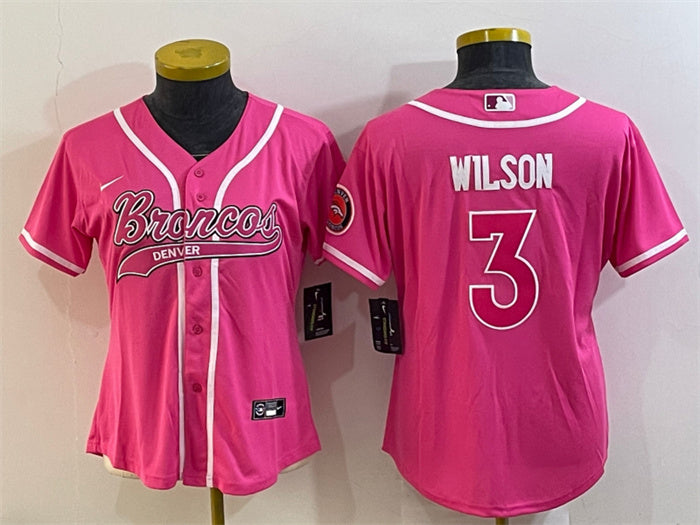 Custom Women’s Denver Broncos #3 Russell Wilson Pink With Patch Cool Base Stitched Baseball Jersey(Run Small)