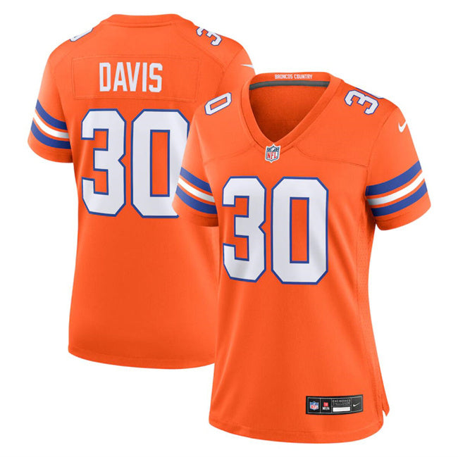 Custom Women’s Denver Broncos #30 Terrell Davis Orange Mile High Collection 1977 Throwback Stitched Jersey(Run Small)