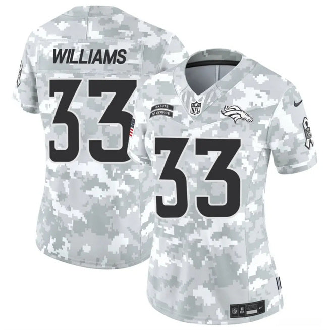 Custom Women’s Denver Broncos #33 Javonte Williams 2024 F.U.S.E Arctic Camo Salute To Service Limited Stitched Jersey(Run Small)