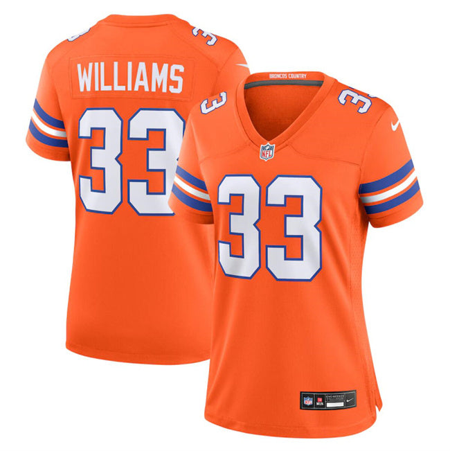 Custom Women’s Denver Broncos #33 Javonte Williams Orange Mile High Collection 1977 Throwback Stitched Jersey(Run Small)