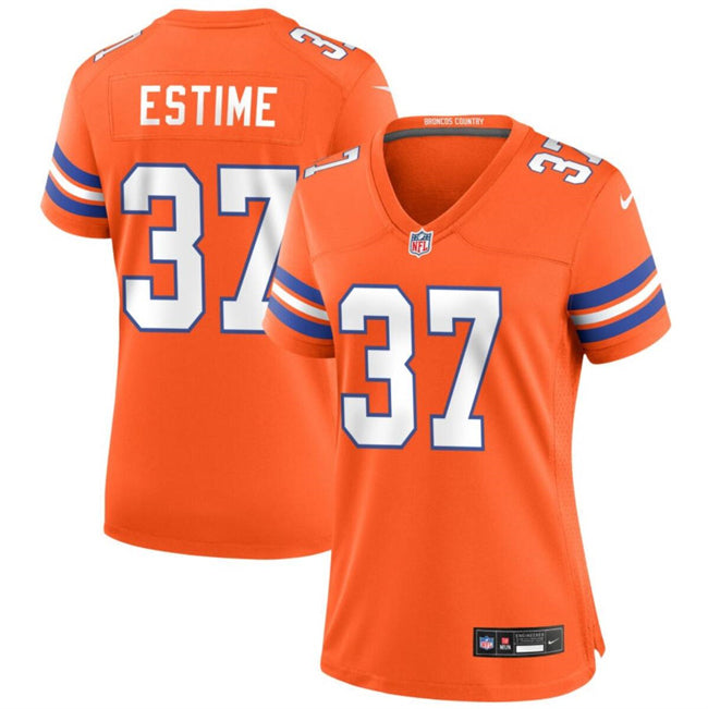 Custom Women’s Denver Broncos #37 Audric Estime Orange Mile High Collection 1977 Throwback Stitched Jersey(Run Small)
