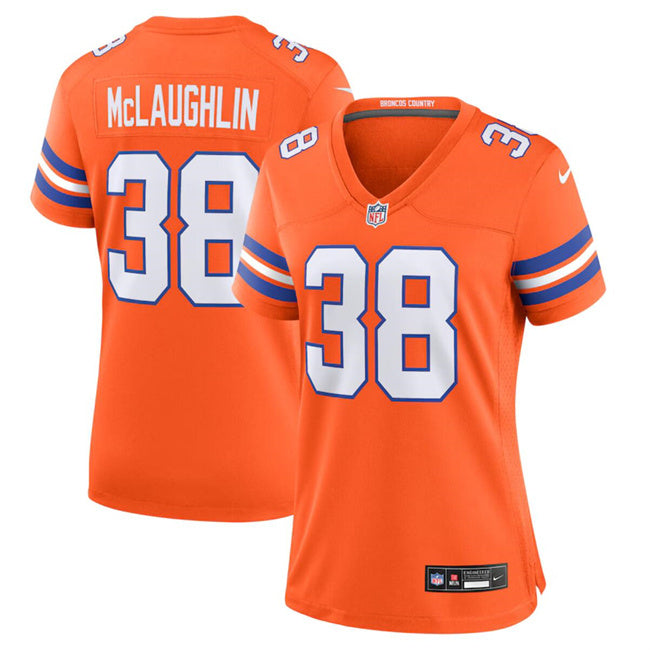 Custom Women’s Denver Broncos #38 Jaleel McLaughlin Orange Mile High Collection 1977 Throwback Stitched Jersey(Run Small)