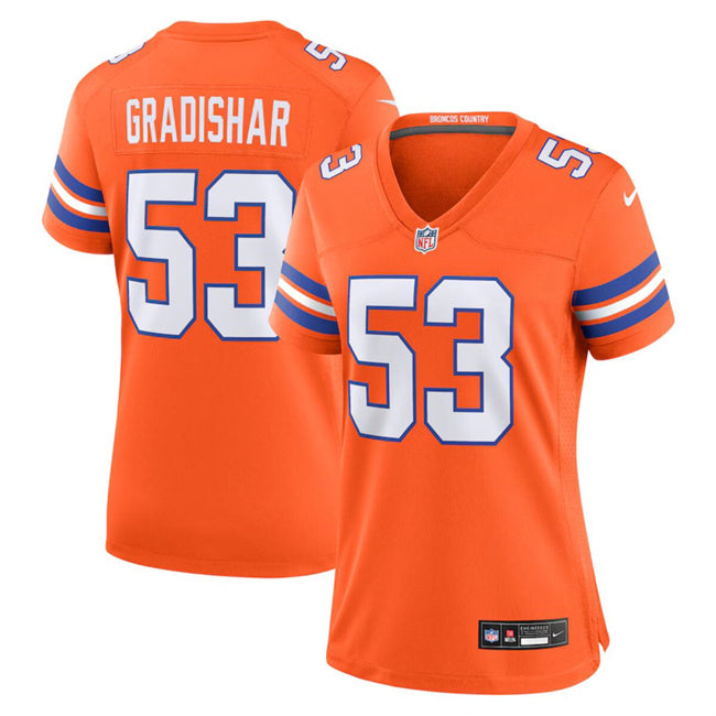 Custom Women’s Denver Broncos #53 Randy Gradishar Orange Mile High Collection 1977 Throwback Stitched Jersey(Run Small)