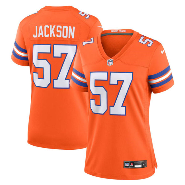 Custom Women’s Denver Broncos #57 Tom Jackson Orange Mile High Collection 1977 Throwback Stitched Jersey(Run Small)