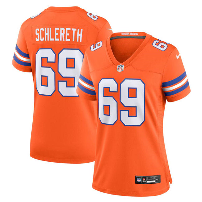 Custom Women’s Denver Broncos #69 Mark Schlereth Orange Mile High Collection 1977 Throwback Stitched Jersey(Run Small)