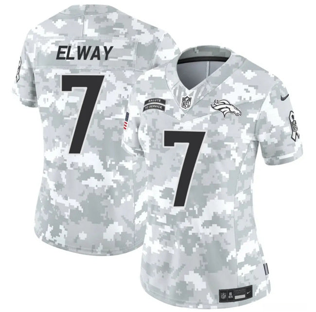 Custom Women’s Denver Broncos #7 John Elway 2024 F.U.S.E Arctic Camo Salute To Service Limited Stitched Jersey(Run Small)