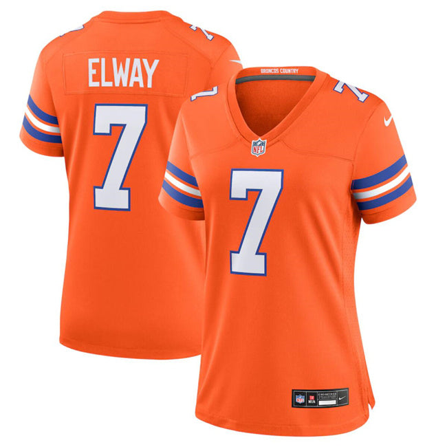 Custom Women’s Denver Broncos #7 John Elway Orange Mile High Collection 1977 Throwback Stitched Jersey(Run Small)