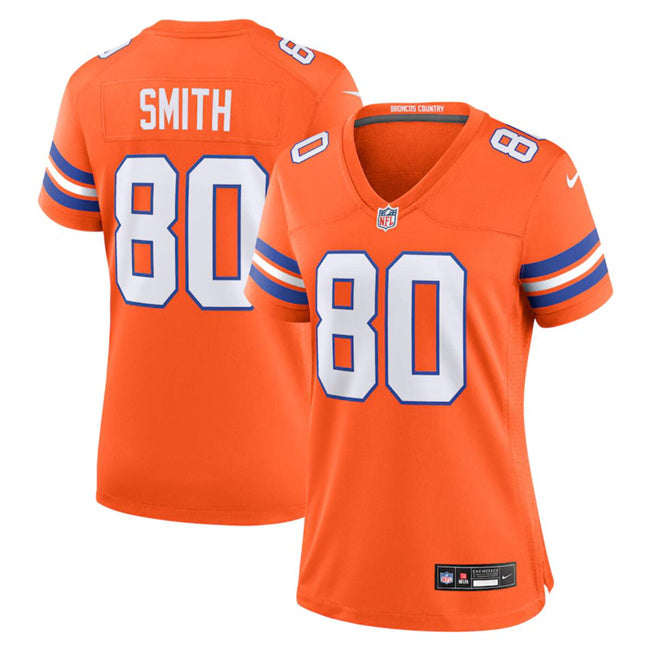 Custom Women’s Denver Broncos #80 Rod Smith Orange Mile High Collection 1977 Throwback Stitched Jersey(Run Small)