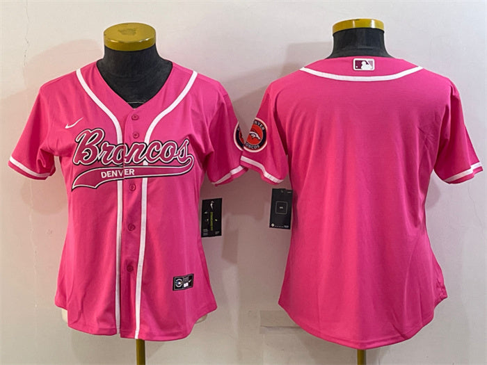 Custom Women’s Denver Broncos Blank Pink With Patch Cool Base Stitched Baseball Jersey(Run Small)