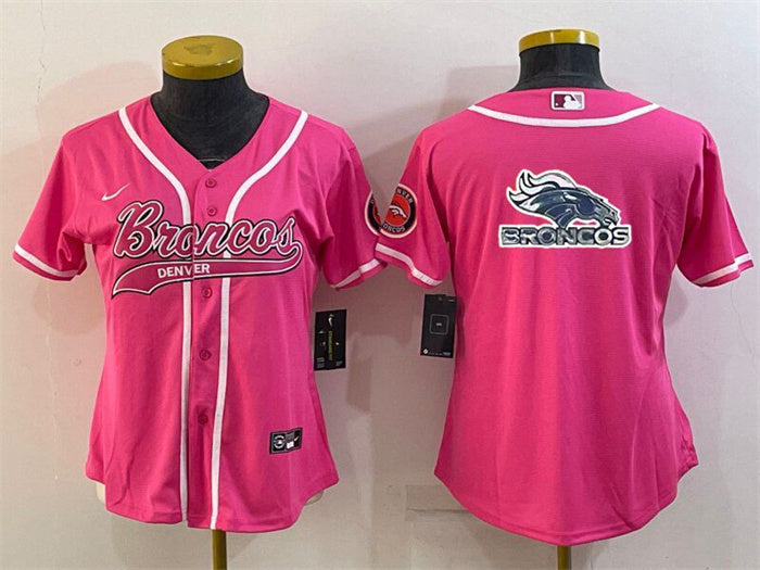 Custom Women’s Denver Broncos Pink Team Big Logo With Patch Cool Base Stitched Baseball Jersey(Run Small)