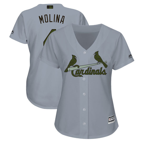 Custom Women Cardinals 4 Yadier Molina Gray Women 2018 Memorial Day Cool Base Jersey