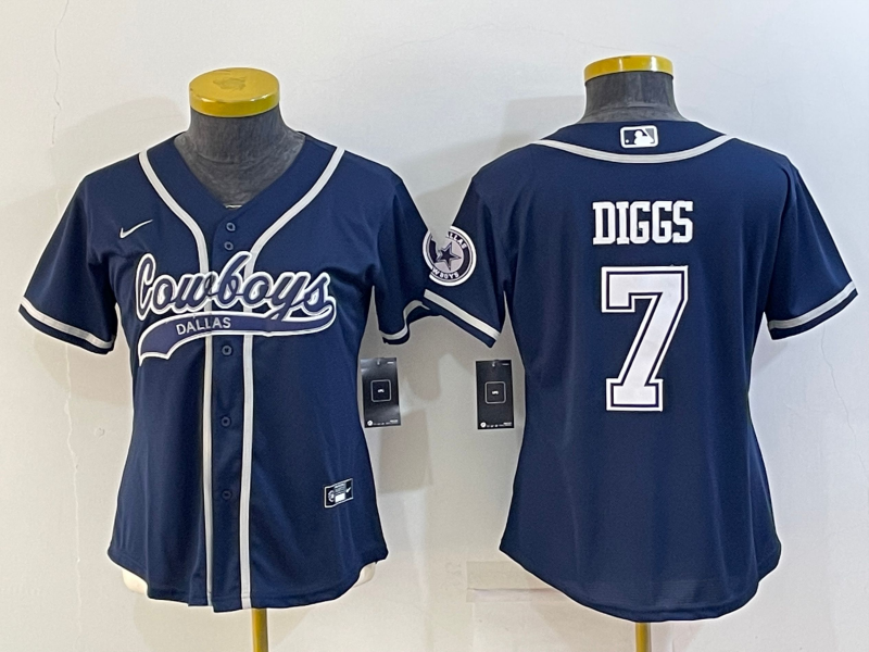 Custom Women Dallas Cowboys #7 Trevon Diggs Navy With Patch Cool Base Stitched Baseball Jersey