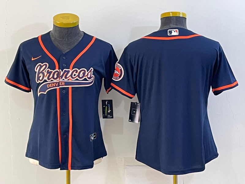 Custom Women Denver Broncos Blank Navy With Patch Cool Base Stitched Baseball Jersey