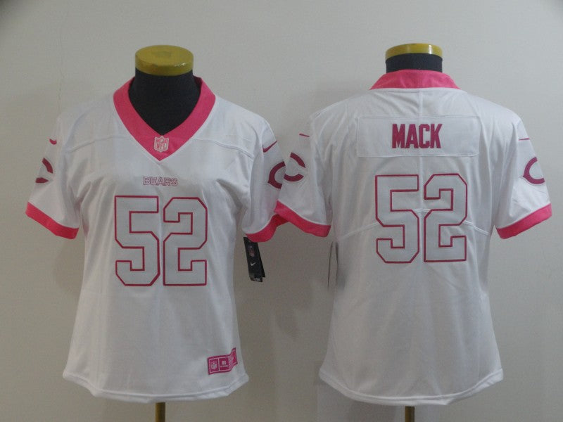 Custom Women Bears 52 Khalil Mack White Pink Women Rush Limited Jersey