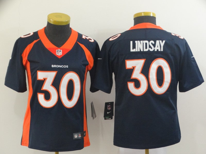 Custom Women Broncos 30 Phillip Lindsay Navy Women Vapor Untouchable Limited Jersey