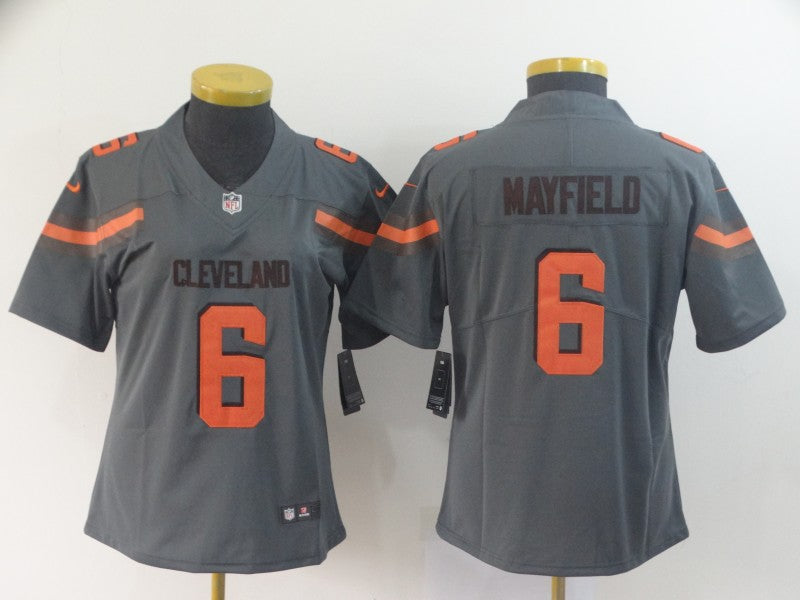 Custom Women Browns 6 Baker Mayfield Gray Women Inverted Legend Limited Jersey
