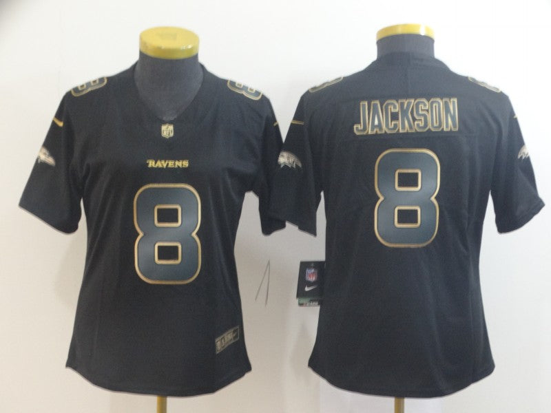 Custom Women Ravens 8 Lamar Jackson Black Gold Women Vapor Untouchable Limited Jersey