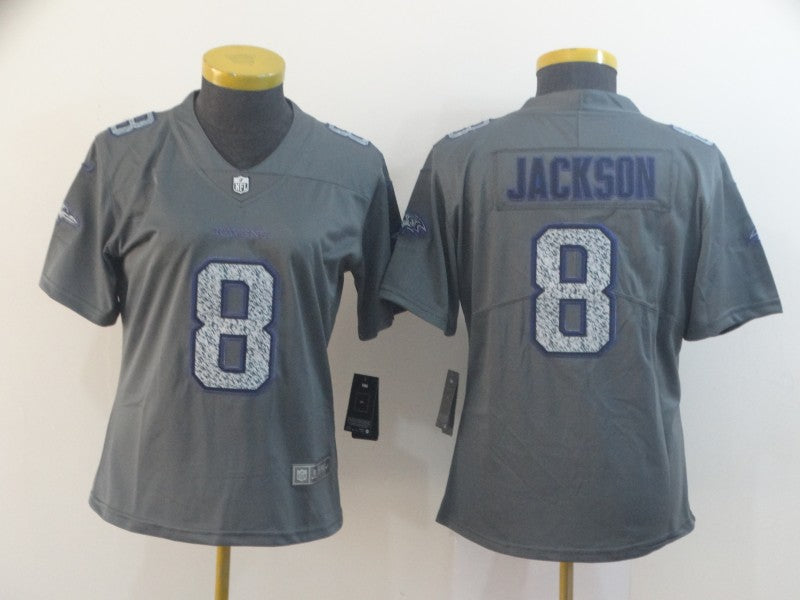 Custom Women Ravens 8 Lamar Jackson Gray Camo Women Vapor Untouchable Limited Jersey