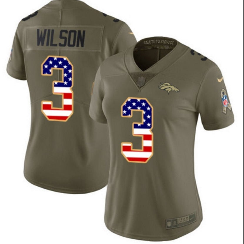 Custom Women’s Broncos #3 Russell Wilson Olive USA Flag Stitched NFL Limited 2017 Salute To Service jersey
