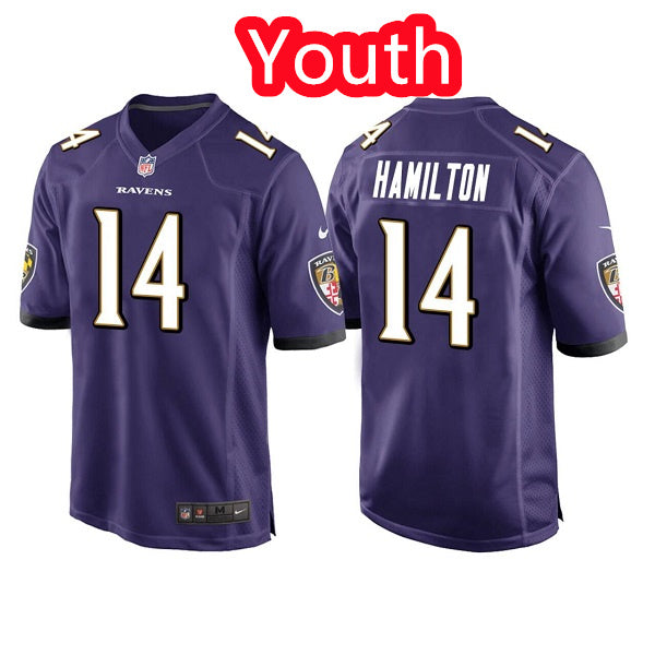 Custom Youth Baltimore Ravens #14 Kyle Hamilton Purple Stitched Jersey