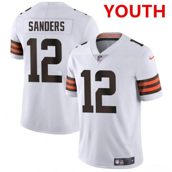 Custom Youth Cleveland Browns #12 Shedeur Sanders White 2025 Vapor Limited Football Stitched Jersey