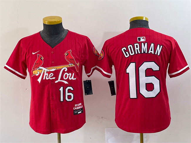 Custom Youth St. Louis Cardinals #16 Nolan Gorman Red 2024 City Connect Limited Stitched Baseball Jersey