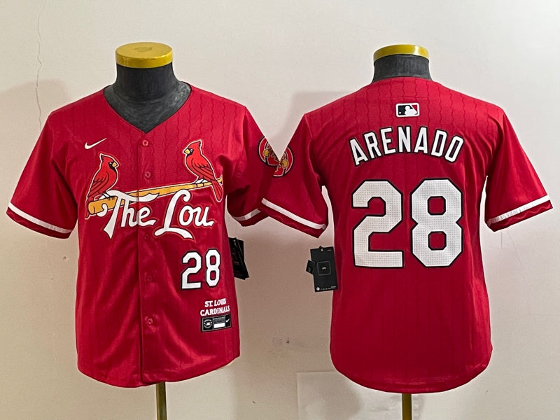 Custom Youth St. Louis Cardinals #28 Nolan Arenado Red 2024 City Connect Stitched Baseball Jersey