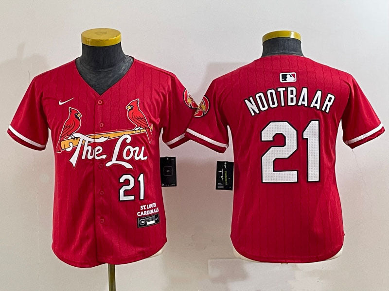 Custom Youth St. Louis Cardinals #21 Lars Nootbaar Red 2024 City Connect Stitched Baseball Jersey