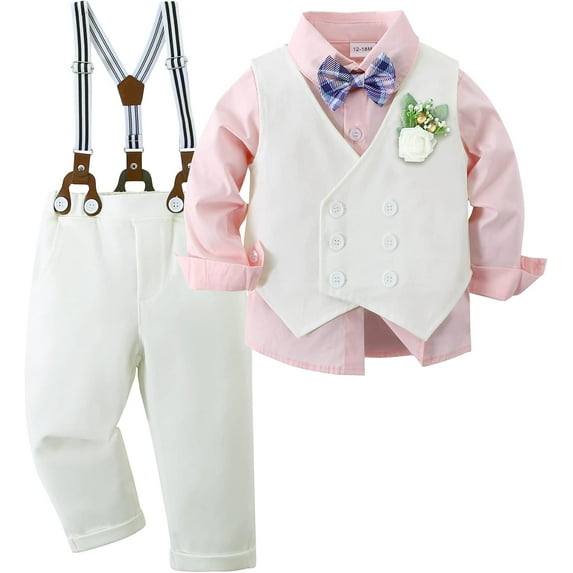 Toddler Baby Boy Clothes Suit Gentleman Wedding Outfits, Formal Dress Shirt+Bowtie+Vest+Boutonniere+Suspender Pants