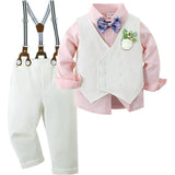 Toddler Baby Boy Clothes Suit Gentleman Wedding Outfits, Formal Dress Shirt+Bowtie+Vest+Boutonniere+Suspender Pants