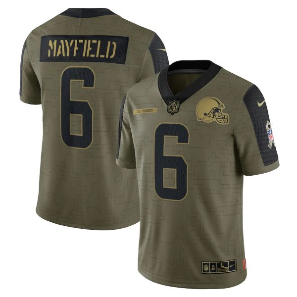 Custom Men’s #6 Baker Mayfield Cleveland Browns Olive 2021 Salute To Service Limited Jersey